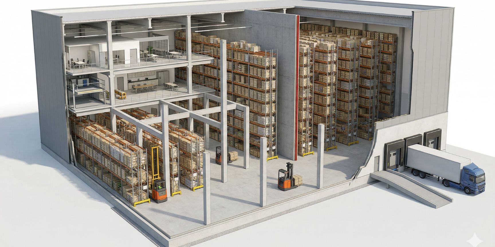 Detailed cross-section of active high-bay logistics with forklifts, high racks, mezzanine and fire protection wall, to illustrate the gross storage space utilization and efficiency.